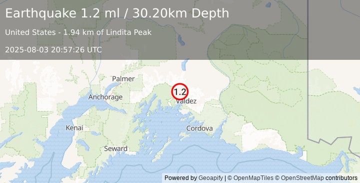 Earthquake 26 km NNW of Valdez, Alaska (1.2 ml) (2025-08-03 20:57:26 UTC)