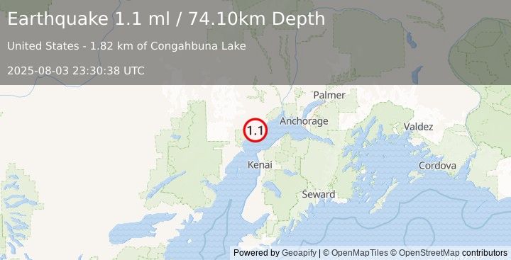 Earthquake 13 km W of Tyonek, Alaska (1.1 ml) (2025-08-03 23:30:38 UTC)