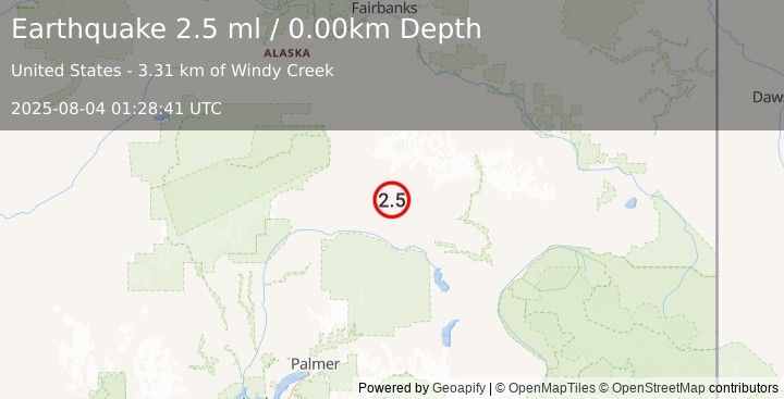 Earthquake 75 km ESE of Cantwell, Alaska (2.5 ml) (2025-08-04 01:28:41 UTC)