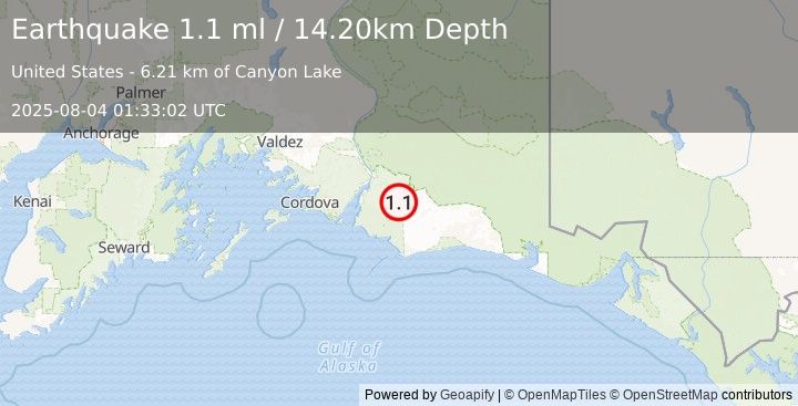 Earthquake 97 km E of Cordova, Alaska (1.1 ml) (2025-08-04 01:33:02 UTC)