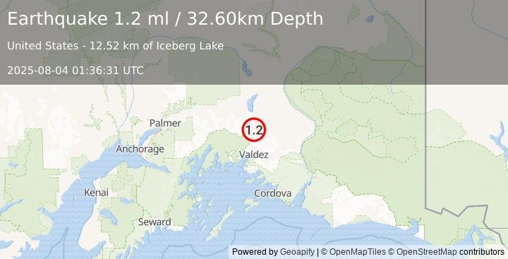 Earthquake 41 km N of Valdez, Alaska (1.2 ml) (2025-08-04 01:36:31 UTC)
