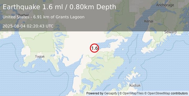 Earthquake 11 km NNE of Igiugig, Alaska (1.6 ml) (2025-08-04 02:20:43 UTC)
