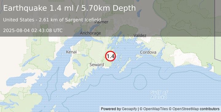 Earthquake 42 km SSE of Whittier, Alaska (1.4 ml) (2025-08-04 02:43:08 UTC)