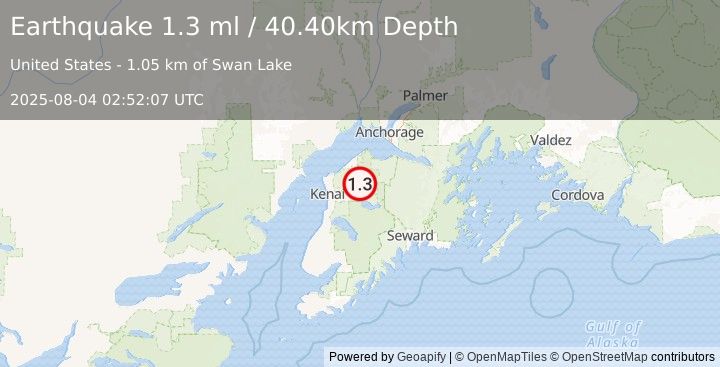 Earthquake 18 km NE of Sterling, Alaska (1.3 ml) (2025-08-04 02:52:07 UTC)