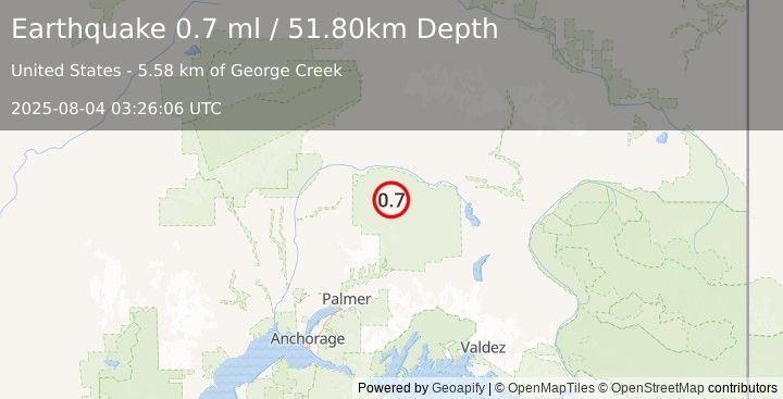 Earthquake 83 km N of Chickaloon, Alaska (0.7 ml) (2025-08-04 03:26:06 UTC)