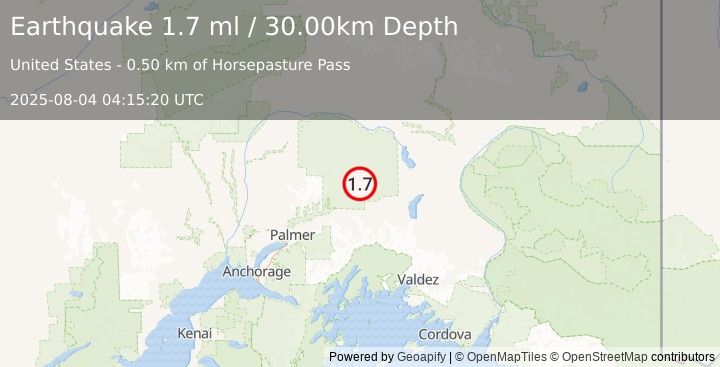 Earthquake 31 km NW of Eureka Roadhouse, Alaska (1.7 ml) (2025-08-04 04:15:20 UTC)