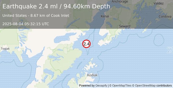 Earthquake 58 km W of Nanwalek, Alaska (2.4 ml) (2025-08-04 05:32:15 UTC)