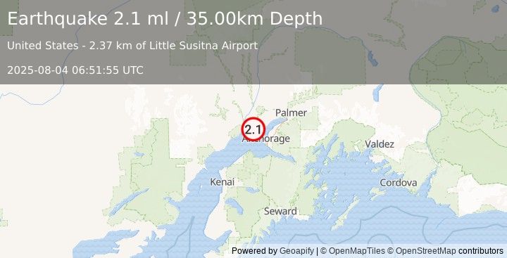Earthquake 16 km W of Point MacKenzie, Alaska (2.1 ml) (2025-08-04 06:51:55 UTC)