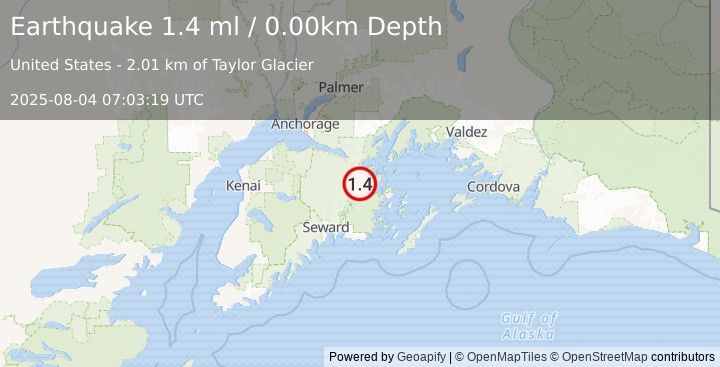 Earthquake 22 km S of Whittier, Alaska (1.4 ml) (2025-08-04 07:03:19 UTC)
