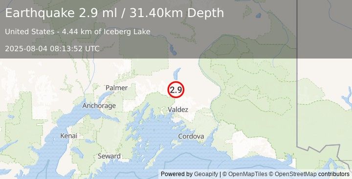 Earthquake 47 km N of Valdez, Alaska (2.9 ml) (2025-08-04 08:13:52 UTC)