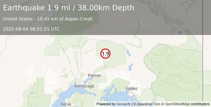 Earthquake 64 km N of Chickaloon, Alaska (1.9 ml) (2025-08-04 08:51:21 UTC)