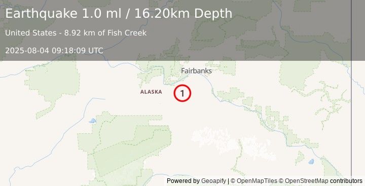 Earthquake 40 km ESE of Nenana, Alaska (1.0 ml) (2025-08-04 09:18:09 UTC)