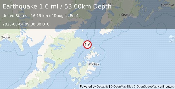 Earthquake 74 km N of Aleneva, Alaska (1.6 ml) (2025-08-04 09:30:00 UTC)