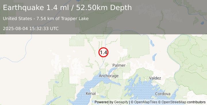 Earthquake 25 km WSW of Susitna North, Alaska (1.4 ml) (2025-08-04 15:32:33 UTC)