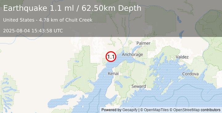Earthquake 17 km WNW of Tyonek, Alaska (1.1 ml) (2025-08-04 15:43:58 UTC)