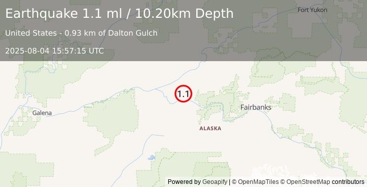 Earthquake 13 km NW of Manley Hot Springs, Alaska (1.1 ml) (2025-08-04 15:57:15 UTC)