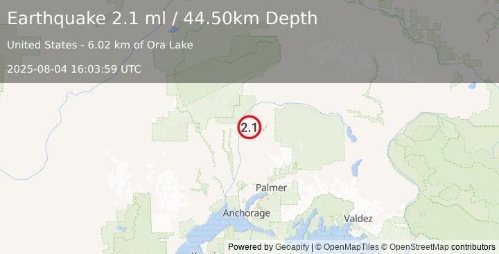 Earthquake 16 km ENE of Chase, Alaska (2.1 ml) (2025-08-04 16:03:59 UTC)