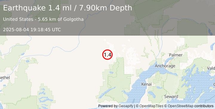 Earthquake 75 km ENE of Lime Village, Alaska (1.4 ml) (2025-08-04 19:18:45 UTC)