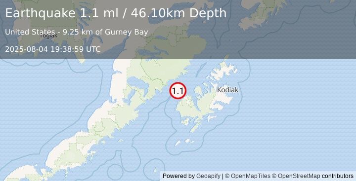 Earthquake 24 km NNW of Karluk, Alaska (1.1 ml) (2025-08-04 19:38:59 UTC)