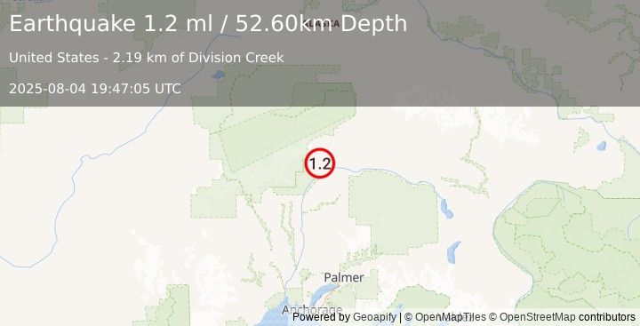 Earthquake 55 km NNE of Chase, Alaska (1.2 ml) (2025-08-04 19:47:05 UTC)