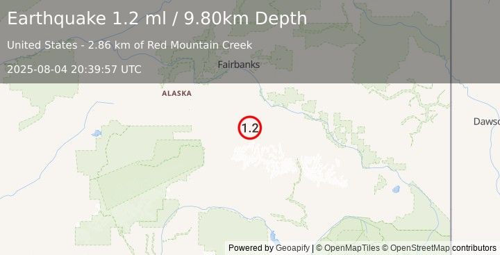 Earthquake 57 km SW of Harding-Birch Lakes, Alaska (1.2 ml) (2025-08-04 20:39:57 UTC)