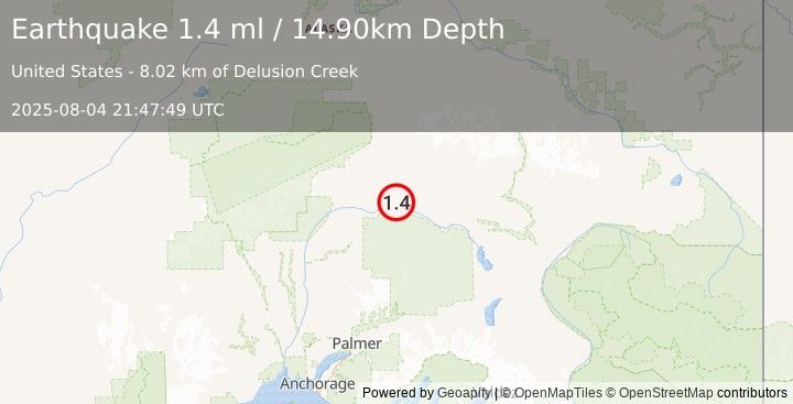 Earthquake 62 km SSE of Cantwell, Alaska (1.4 ml) (2025-08-04 21:47:49 UTC)