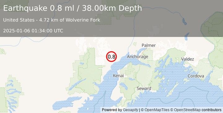 Earthquake 36 km WNW of Beluga, Alaska (0.8 ml) (2025-01-06 01:34:00 UTC)