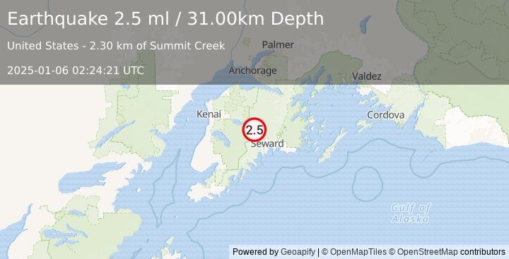 Earthquake 19 km S of Cooper Landing, Alaska (2.5 ml) (2025-01-06 02:24:21 UTC)