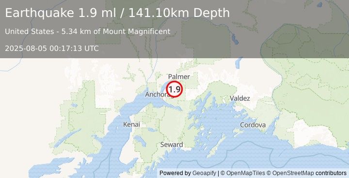 Earthquake 13 km E of Eagle River, Alaska (1.9 ml) (2025-08-05 00:17:13 UTC)