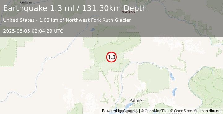 Earthquake 59 km N of Petersville, Alaska (1.3 ml) (2025-08-05 02:04:29 UTC)