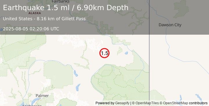 Earthquake 37 km WNW of Mentasta Lake, Alaska (1.5 ml) (2025-08-05 02:20:06 UTC)