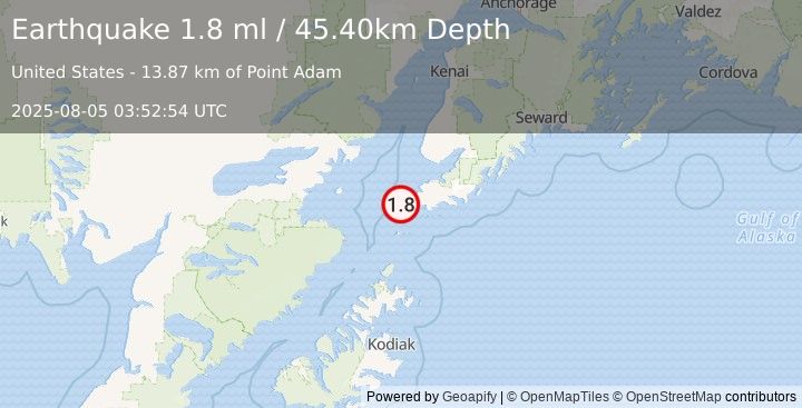Earthquake 21 km SW of Nanwalek, Alaska (1.8 ml) (2025-08-05 03:52:54 UTC)