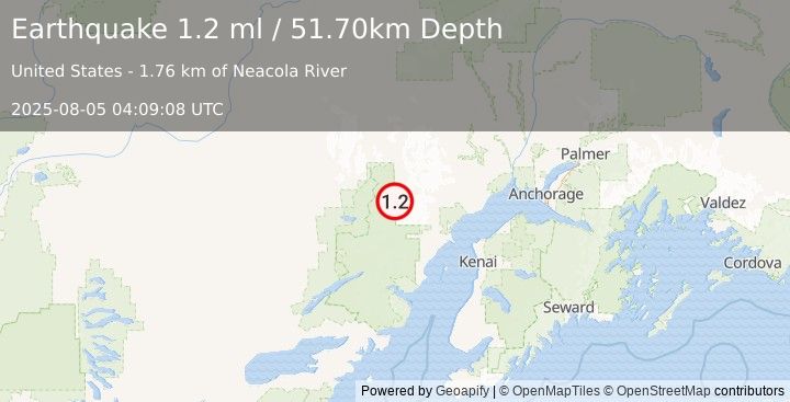 Earthquake 96 km W of Tyonek, Alaska (1.2 ml) (2025-08-05 04:09:08 UTC)