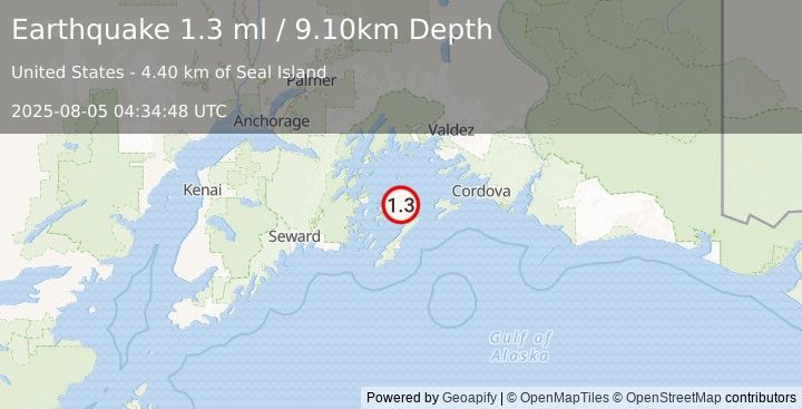 Earthquake 53 km NE of Chenega, Alaska (1.3 ml) (2025-08-05 04:34:48 UTC)