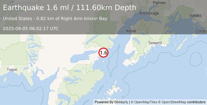 Earthquake 41 km E of Pedro Bay, Alaska (1.6 ml) (2025-08-05 06:02:17 UTC)