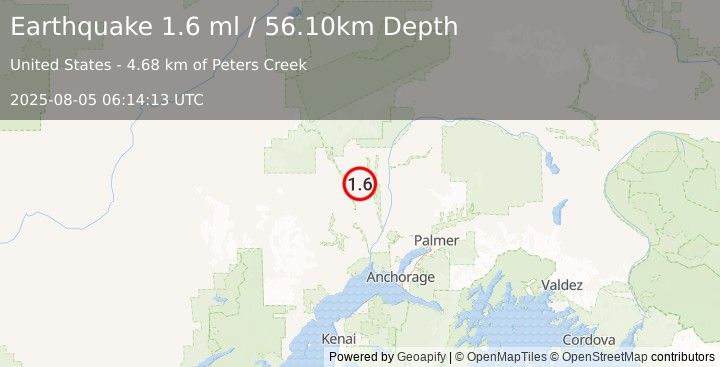 Earthquake 32 km WSW of Trapper Creek, Alaska (1.6 ml) (2025-08-05 06:14:13 UTC)