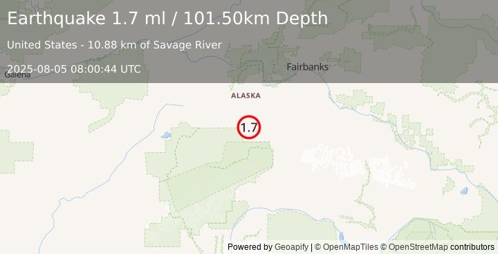 Earthquake 22 km W of Ferry, Alaska (1.7 ml) (2025-08-05 08:00:44 UTC)