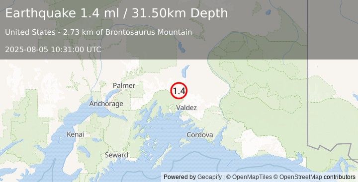 Earthquake 42 km NNW of Valdez, Alaska (1.4 ml) (2025-08-05 10:31:00 UTC)
