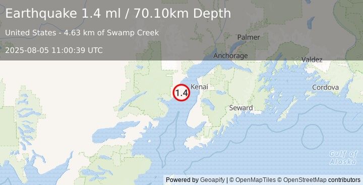 Earthquake 40 km W of Cohoe, Alaska (1.4 ml) (2025-08-05 11:00:39 UTC)