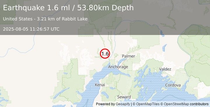Earthquake 25 km NW of Susitna, Alaska (1.6 ml) (2025-08-05 11:26:57 UTC)