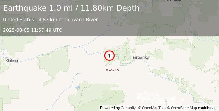 Earthquake 37 km ESE of Manley Hot Springs, Alaska (1.0 ml) (2025-08-05 11:57:49 UTC)