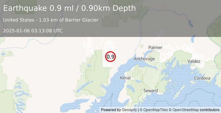 Earthquake 68 km WNW of Tyonek, Alaska (0.9 ml) (2025-01-06 03:13:08 UTC)