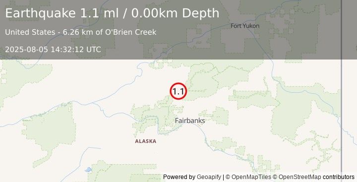 Earthquake 21 km SE of Livengood, Alaska (1.1 ml) (2025-08-05 14:32:12 UTC)