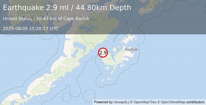 Earthquake 13 km NW of Karluk, Alaska (2.9 ml) (2025-08-05 15:20:17 UTC)