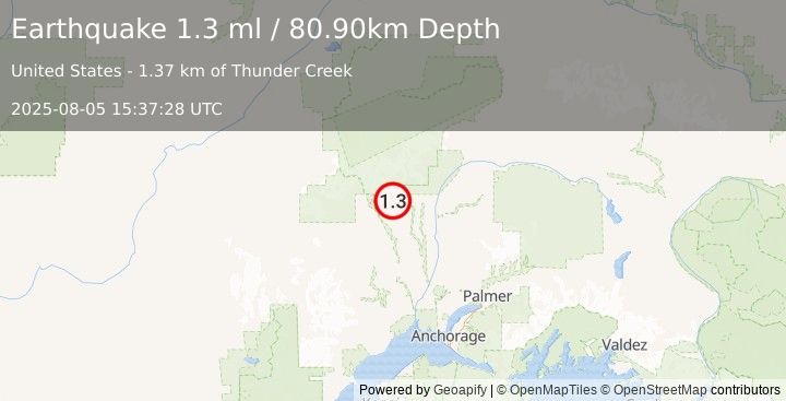 Earthquake 12 km W of Petersville, Alaska (1.3 ml) (2025-08-05 15:37:28 UTC)