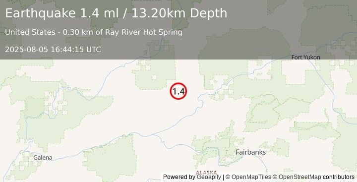 Earthquake 61 km NW of Rampart, Alaska (1.4 ml) (2025-08-05 16:44:15 UTC)