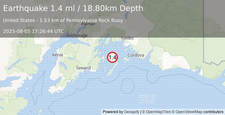 Earthquake 55 km NE of Chenega, Alaska (1.4 ml) (2025-08-05 17:26:44 UTC)