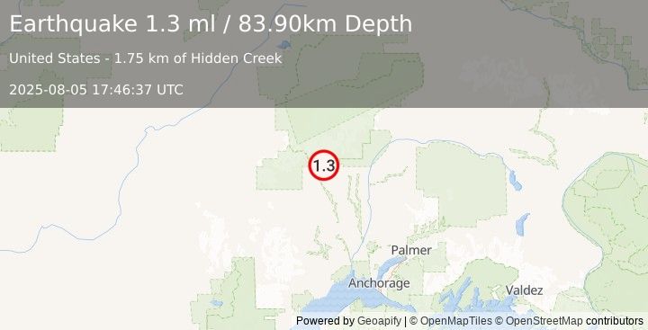 Earthquake 25 km WNW of Petersville, Alaska (1.3 ml) (2025-08-05 17:46:37 UTC)