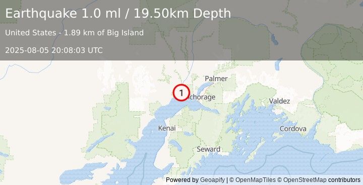 Earthquake 27 km SSW of Susitna, Alaska (1.0 ml) (2025-08-05 20:08:03 UTC)