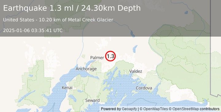 Earthquake 22 km SE of Chickaloon, Alaska (1.3 ml) (2025-01-06 03:35:41 UTC)